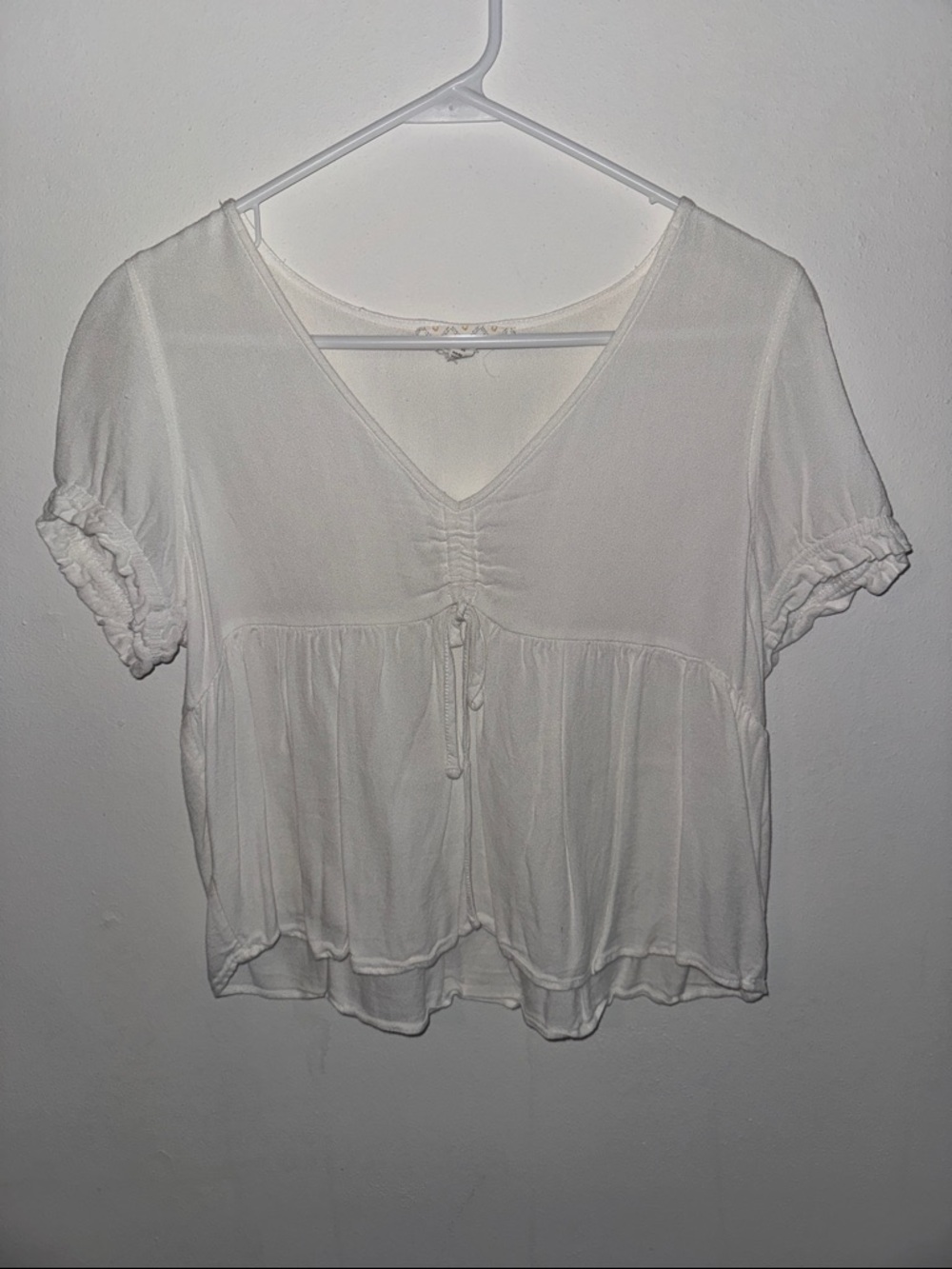 White V-Neck Peasant Blouse - Lightweight Short Sleeve Top